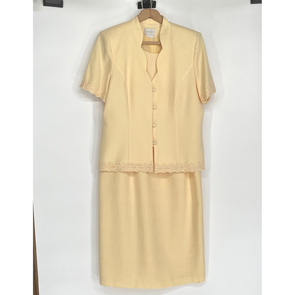 Koret Women Dress 10 2-Piece Set Yellow Embroidered Scalloped Jacket Chic Church